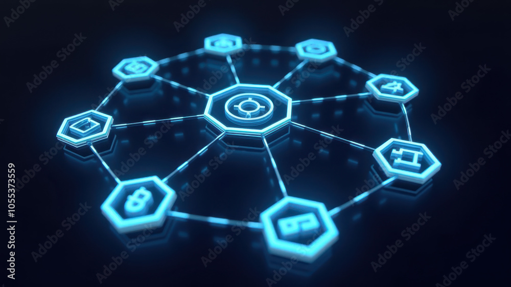 Blue 3D network of interconnected nodes. Blue 3D network of interconnected nodes.
