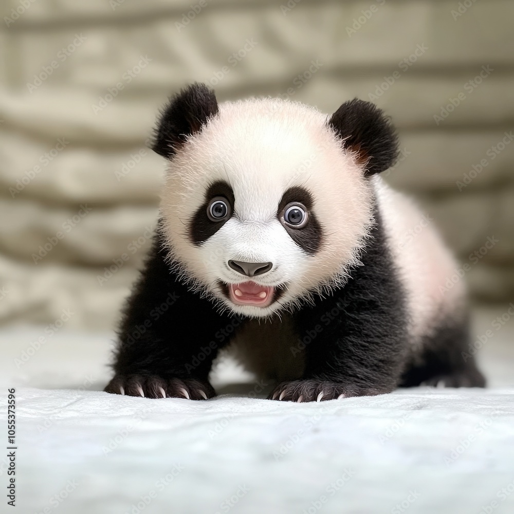 Cute Baby Panda Cub Looking Up with a Surprised Expression. Cute Baby Panda Cub Looking Up with a Surprised Expression.
