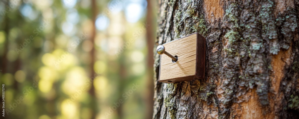 Fototapeta premium Close up of survey marker attached to tree bark in forest setting, showcasing natural texture and colors of tree. image evokes sense of exploration and nature