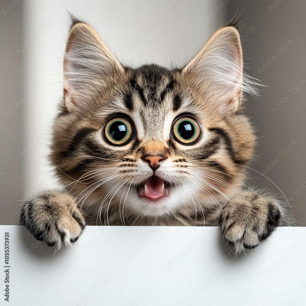 Cute Kitten Peeking Over a White Surface. Cute Kitten Peeking Over a White Surface.