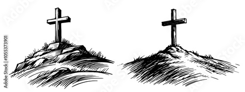 hand-drawn cross on a hill, capturing a serene and spiritual scene in detailed sketch style black vector