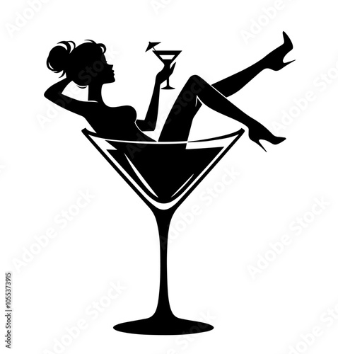 silhouette of a girl in a margarita glass, striking a relaxed pose in a stylish black shape logo design black vector