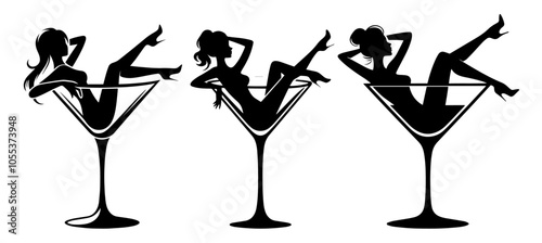 artistic representation of a female figure inside a margarita glass, embodying relaxation and elegance in a minimalist logo style black vector