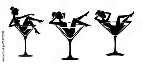 chic silhouette of a woman in a margarita glass, capturing the essence of leisure and sophistication in logo art black vector
