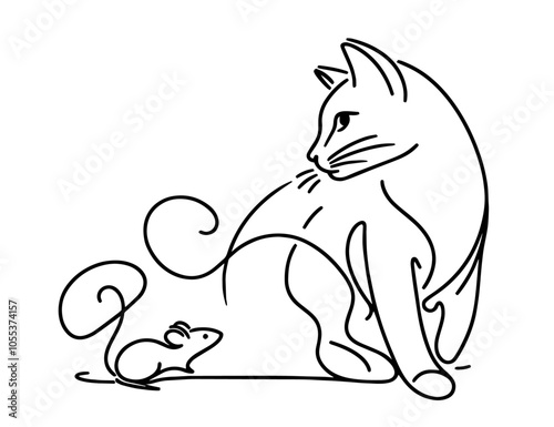 elegant cat and mouse in single line drawing, black vector illustration