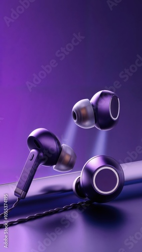 Stylish Earphones on Purple Background for Music Concept photo