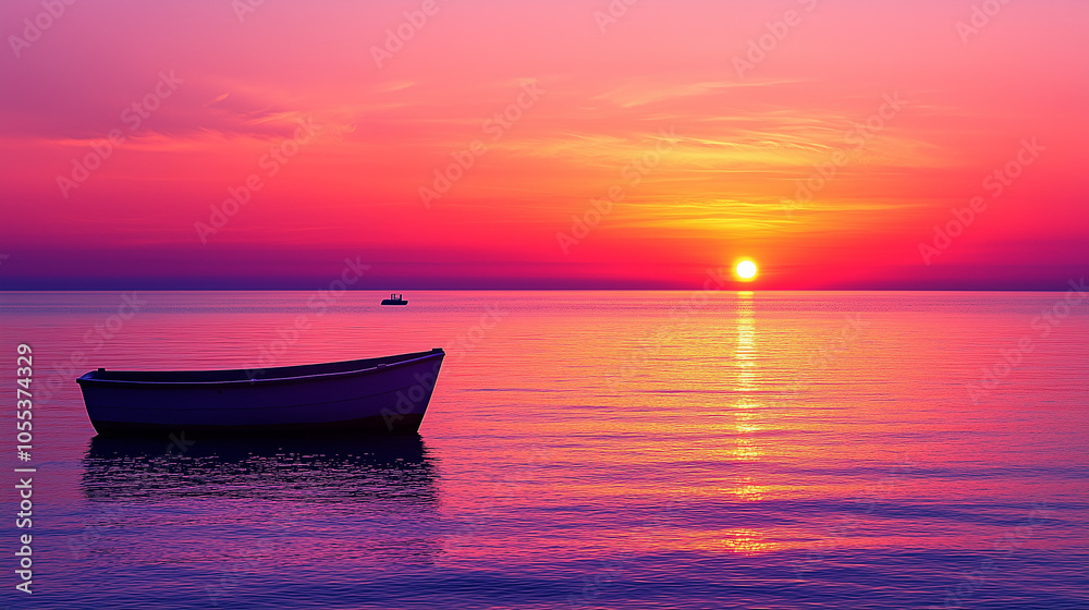 Lonely Rowboat Against Brilliant Sunset Colors on Open Ocean Lonely Rowboat Against Brilliant Sunset Colors on Open Ocean