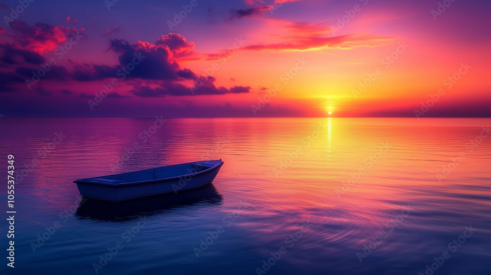 Serene Rowboat on Vibrant Sunset Ocean Reflection Water