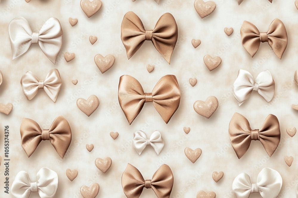 A pattern of brown and soft white bows and hearts on a biege and 3D background. A pattern of brown and soft white bows and hearts on a biege and 3D background.