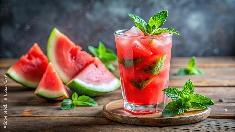 A colorful glass of watermelon infused drink with a few fresh mint leaves on the rim, colorful drink, light drink A colorful glass of watermelon infused drink with a few fresh mint leaves on the rim, colorful drink, light drink