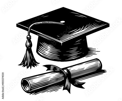 modern line art depiction of a graduation cap and certificate, symbolizing achievement and milestones in education black vector