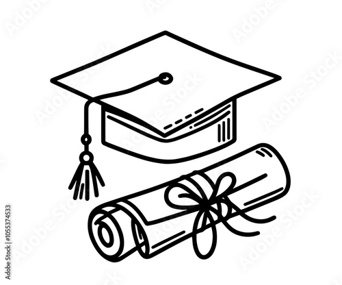 graduation cap and diploma illustration in vintage black vector style