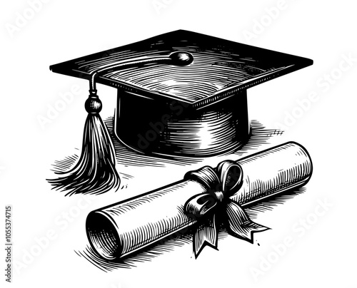 detailed hand-drawn line art of a graduation cap and diploma, celebrating academic achievement and success black vector