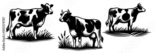 Collection of cows in rural landscape style – black vector