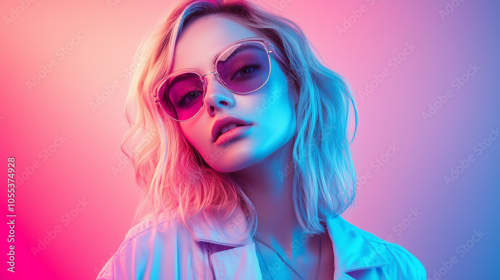 Blonde Woman With Sunglasses And Neon Pink And Blue Lighting Blonde Woman With Sunglasses And Neon Pink And Blue Lighting