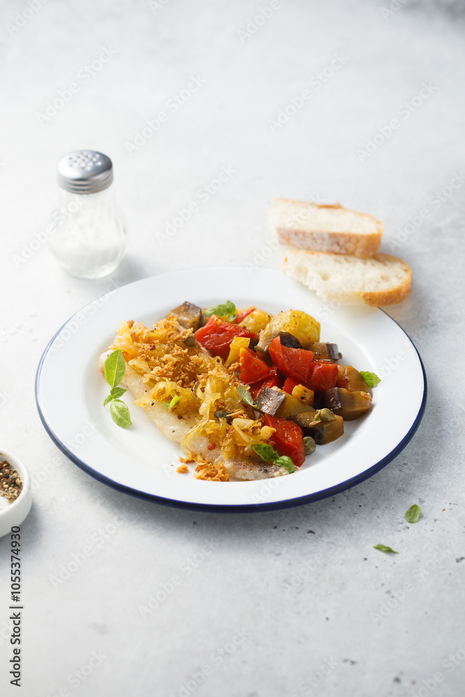 White fish fillet with onion crunch and vegetables White fish fillet with onion crunch and vegetables