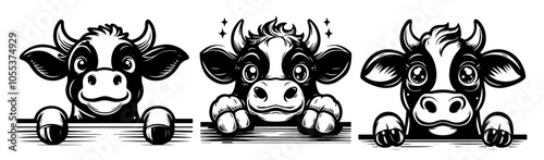 cute cow faces peeking over fence in black vector style
