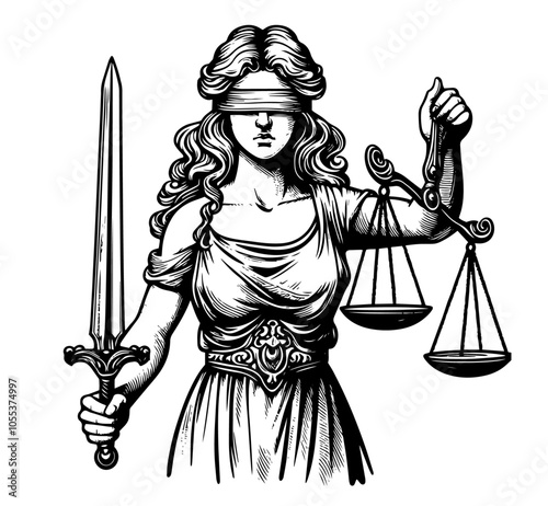 expressive line art of justice personified, featuring scales, sword, and blindfold in a minimalist style black vecto