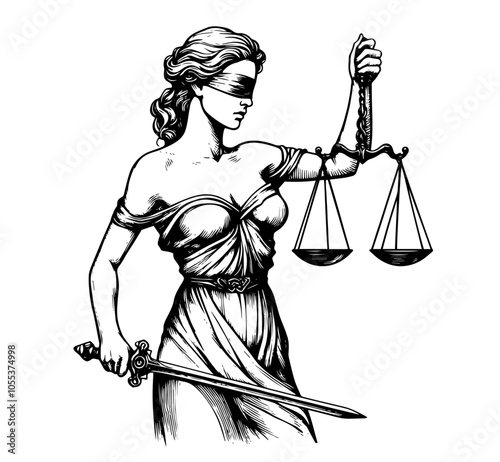 iconic lady justice in line art, holding scales and sword, capturing the essence of impartiality black vector