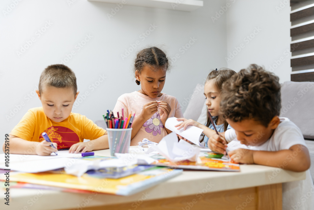 Children engaging in creative activities around table. Children engaging in creative activities around table.