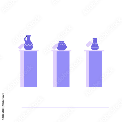 Ceramic Vases Displayed On Pedestals In Flat Vector Illustration Symbolizing Art, Exhibitions, And Craftsmanship, Isolated On White Background.