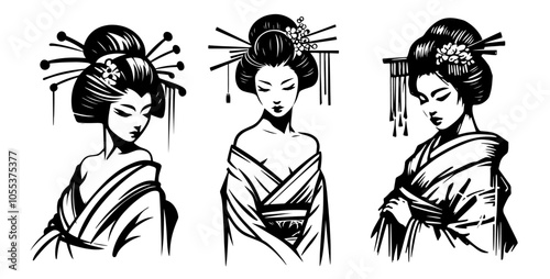 graceful geisha silhouette in line art, perfect for designs inspired by Japanese culture black vector