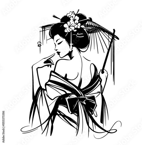 beautiful geisha illustrations with detailed kimonos, black vector art