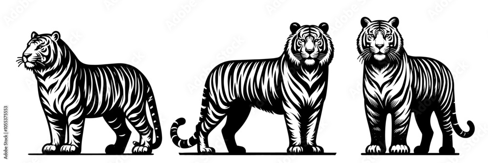 elegant line art silhouette of a tiger, capturing strength and grace in minimalist design black vector elegant line art silhouette of a tiger, capturing strength and grace in minimalist design black vector