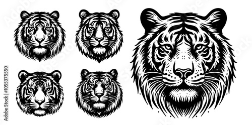 Collection of fierce tiger faces in monochrome style – animal vector art