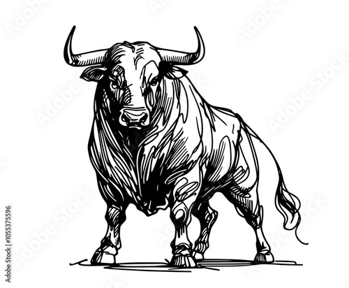 black vector of bull ready to charge, hand-drawn with detailed lines