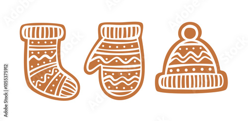 Christmas gingerbread cookies set. Holiday homemade xmas bakery in shapes of winter clothes. Flat vector illustrations collection isolated on white background