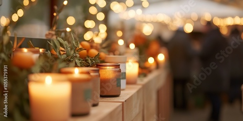 Candles on market stall with festive lights and decor photo