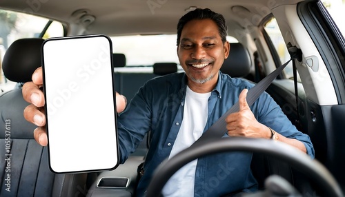 Excited middle aged man demonstrating big blank smartphone at camera, sitting in car, showin photo