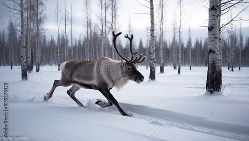 Reindeer running through snowy forest with birch trees in winter
