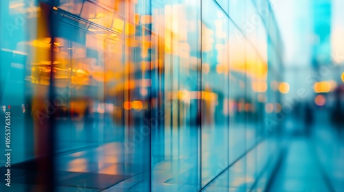 Blurred abstract glass wall of modern city building reflecting urban skyline in metropolitan environment