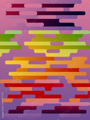 This vibrant abstract features a layered pattern of rounded, elongated shapes in various colors including purple, pink, green, yellow, orange, and red. The overlapping design creates a sense of 