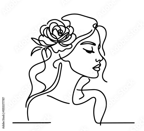 artistic one-line portrait of a woman, expressing beauty and poise in minimalist monoline black vector