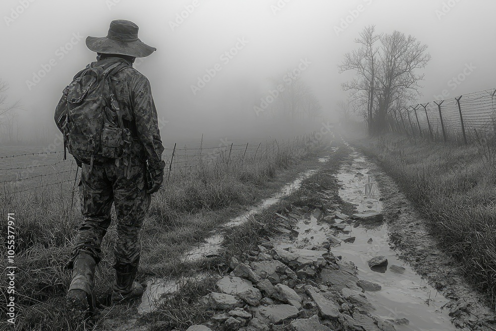 A lone hiker in a foggy, muddy landscape A lone hiker in a foggy, muddy landscape