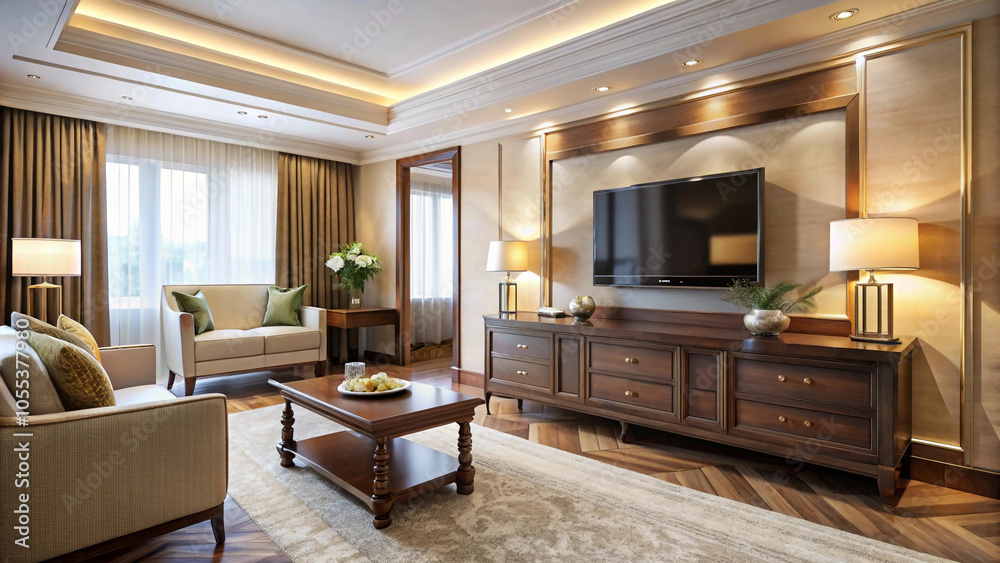 Fototapeta premium Modern Living Room with Wall-Mounted TV