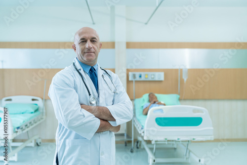 Doctor with serious expression and crossed arms wearing white coat in the hospital ward.