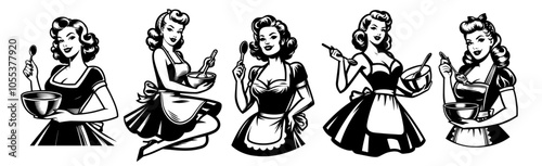 playful illustrations of pin-up women baking and cooking, celebrating retro fashion and kitchen charm black vector