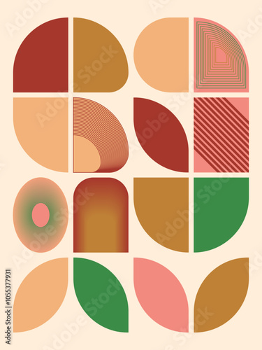 A vibrant collection of geometric shapes in earthy tones and green, featuring semi-circles, quarter circles, and abstract patterns. Ideal for contemporary design and decor