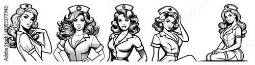 vintage pin-up nurse characters in classic poses, black vector illustration