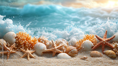 beautiful beach sea themed banner with beautiful shells, corals and starfish	 photo