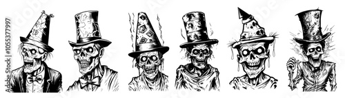 Creepy undead gentlemen in top hats with decayed features – black vector