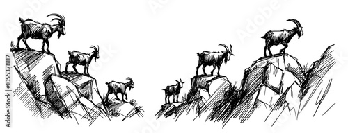 black vector of goats standing on rocks in natural setting