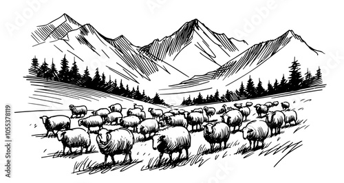 pastoral mountain landscape with flock of sheep, black vector illustration