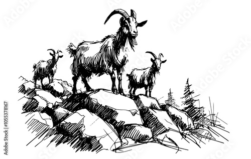 detailed sketch of wild goats on rocky mountain, black vector art