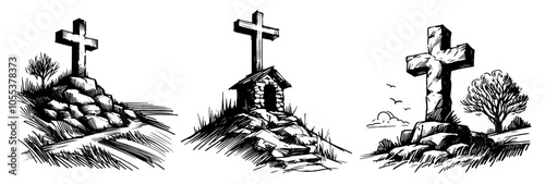 religious stone crosses in outdoor settings, detailed black vector set