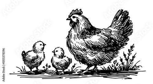 mother hen with two chicks in a farmyard scene, black vector illustration
